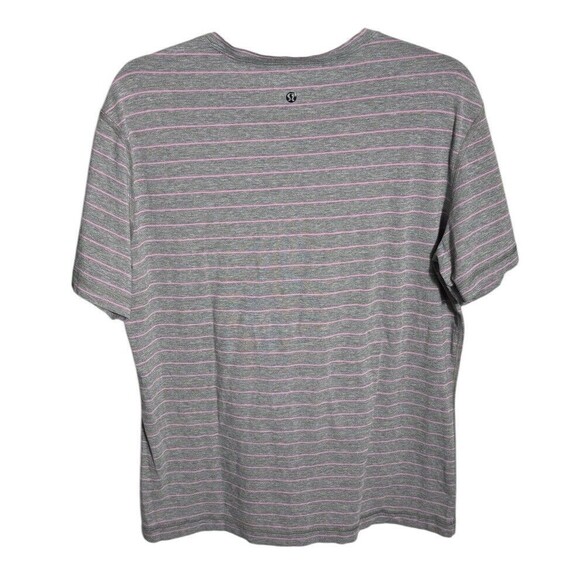 Lululemon Gray Pink‎ Stripe V-Neck Short Sleeve T-Shirt No Size Tag - Picture 2 of 4